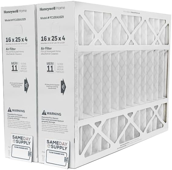 Honeywell FC100A1029 (2 Pack) - 16" x 25" x 4" Pleated Air Filter, MERV 11 Bundle with Same Day Supply Filter Change Reminder