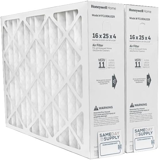Honeywell FC100A1029 (2 Pack) - 16" x 25" x 4" Pleated Air Filter, MERV 11 Bundle with Same Day Supply Filter Change Reminder