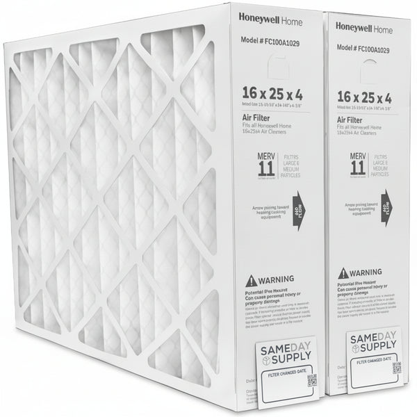 Honeywell FC100A1029 (2 Pack) - 16" x 25" x 4" Pleated Air Filter, MERV 11 Bundle with Same Day Supply Filter Change Reminder