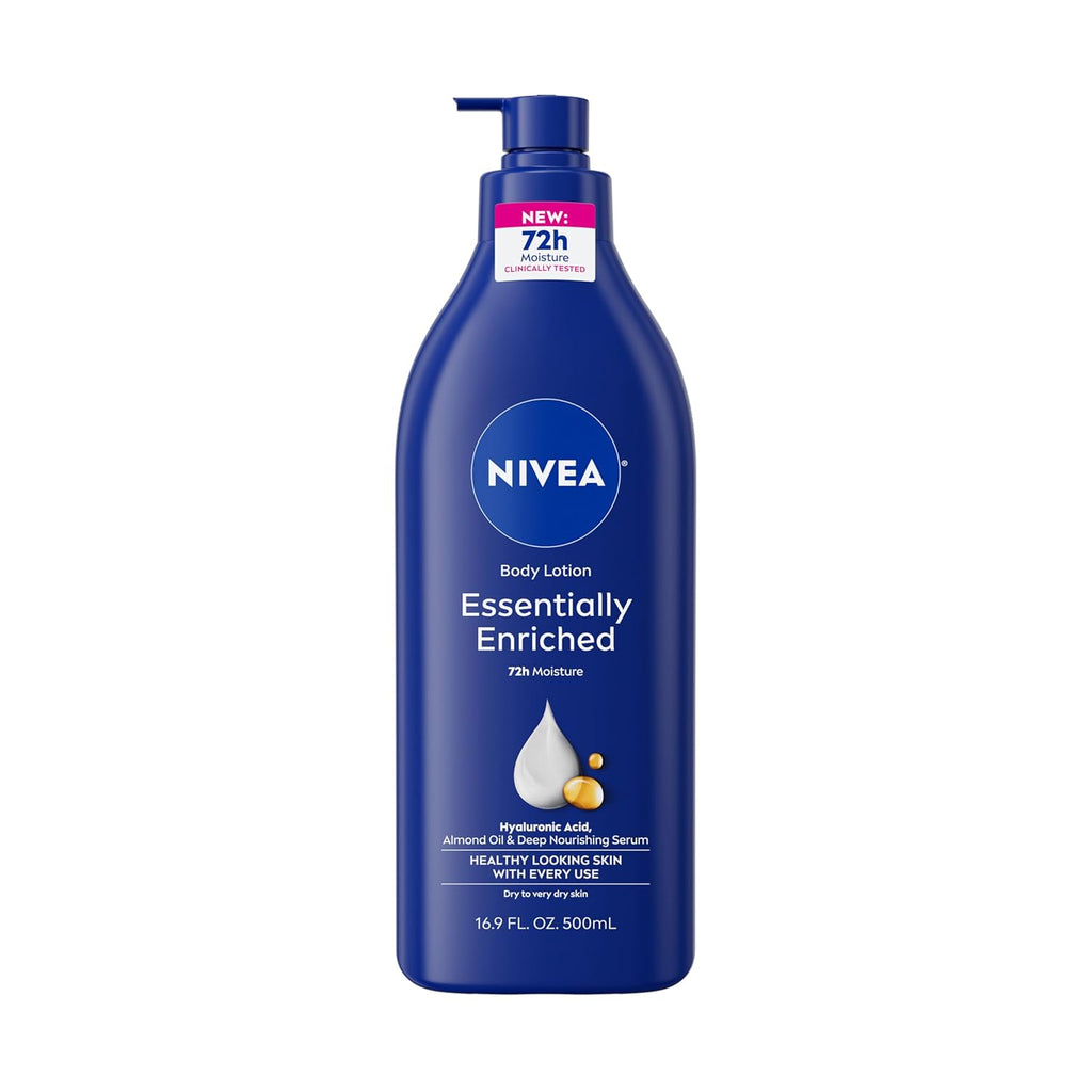 NIVEA Essentially Enriched Body Lotion for Very Dry Skin with Hyaluronic Acid, Almond Oil and Deep Nourishing Serum, 72-Hour Body Moisturizer, 16.9 Fl Oz Pump Bottle, Pack of 2