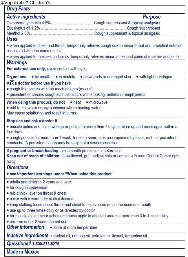 Vicks Children's VapoRub, Topical Cough Suppressant and Analgesic, Relieves Coughs and Minor Aches and Pains, Clinically Proven, Starts Working in Minutes for Fast Relief, For Children Ages 2+, 1.76oz