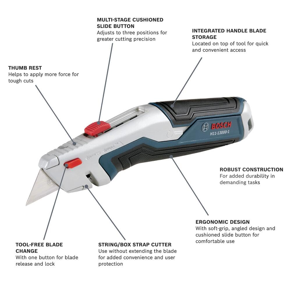 Bosch H11-14100-1 2-Piece Utility Knife Set | Folding and Snap-Off Knives with Robust Design, Integrated Blade Storage, and Belt Clip - Includes 4 Blades