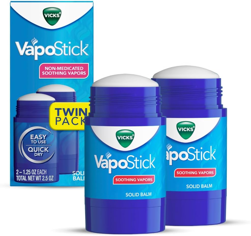 Vicks VapoStick, Solid Balm, No Mess, Soothing Non-Medicated Vicks Vapors, Easy-To-Use No-Touch Applicator, Quick Dry, Lightweight Skin Feel, 1.25oz x 2