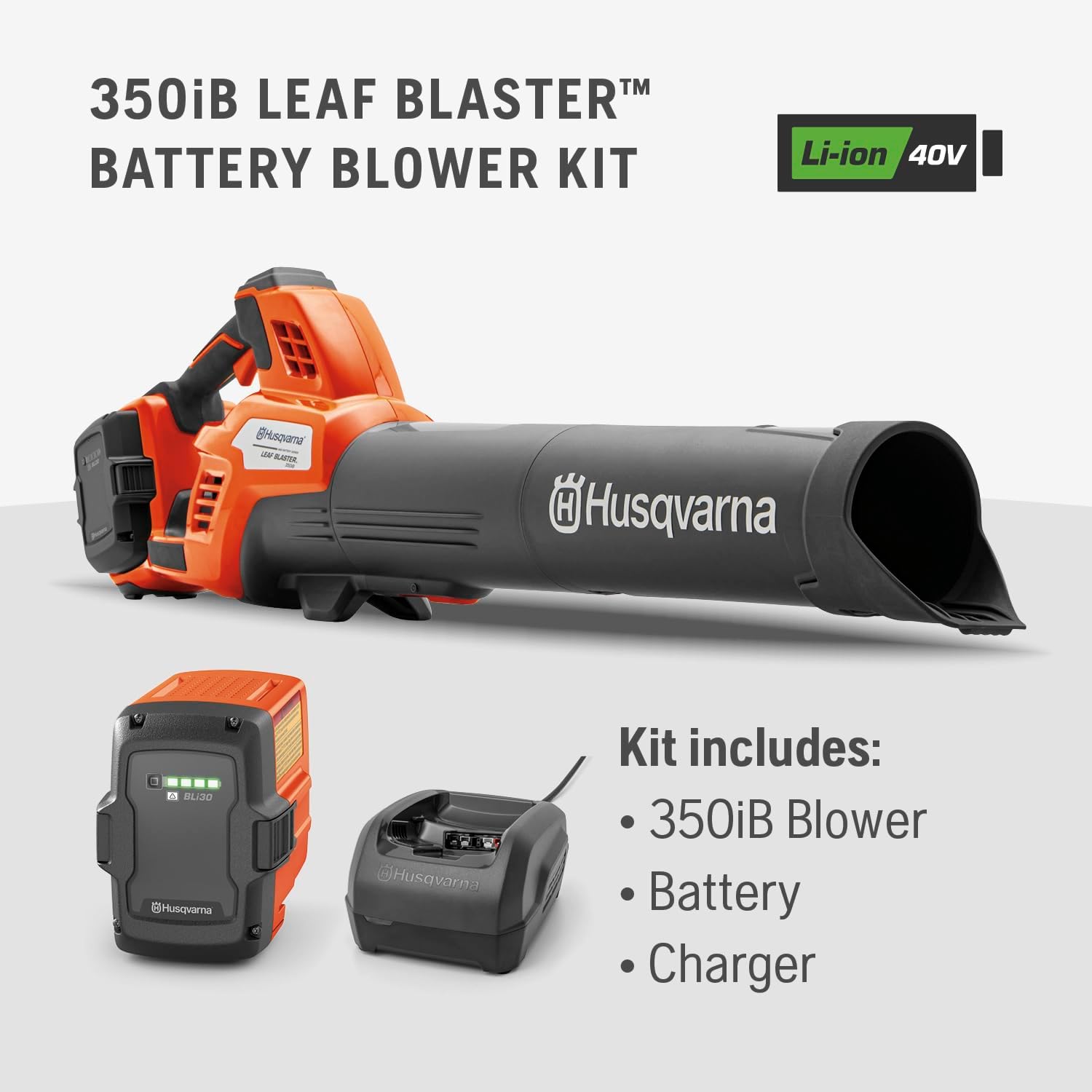 Husqvarna Leaf Blaster 350iB Battery Powered Cordless Leaf Blower, 200-MPH 800-CFM Blower with Brushless Motor and Quiet Operation, 40V Lithium-Ion 7.5 Ah Battery and Charger Included, 970569904