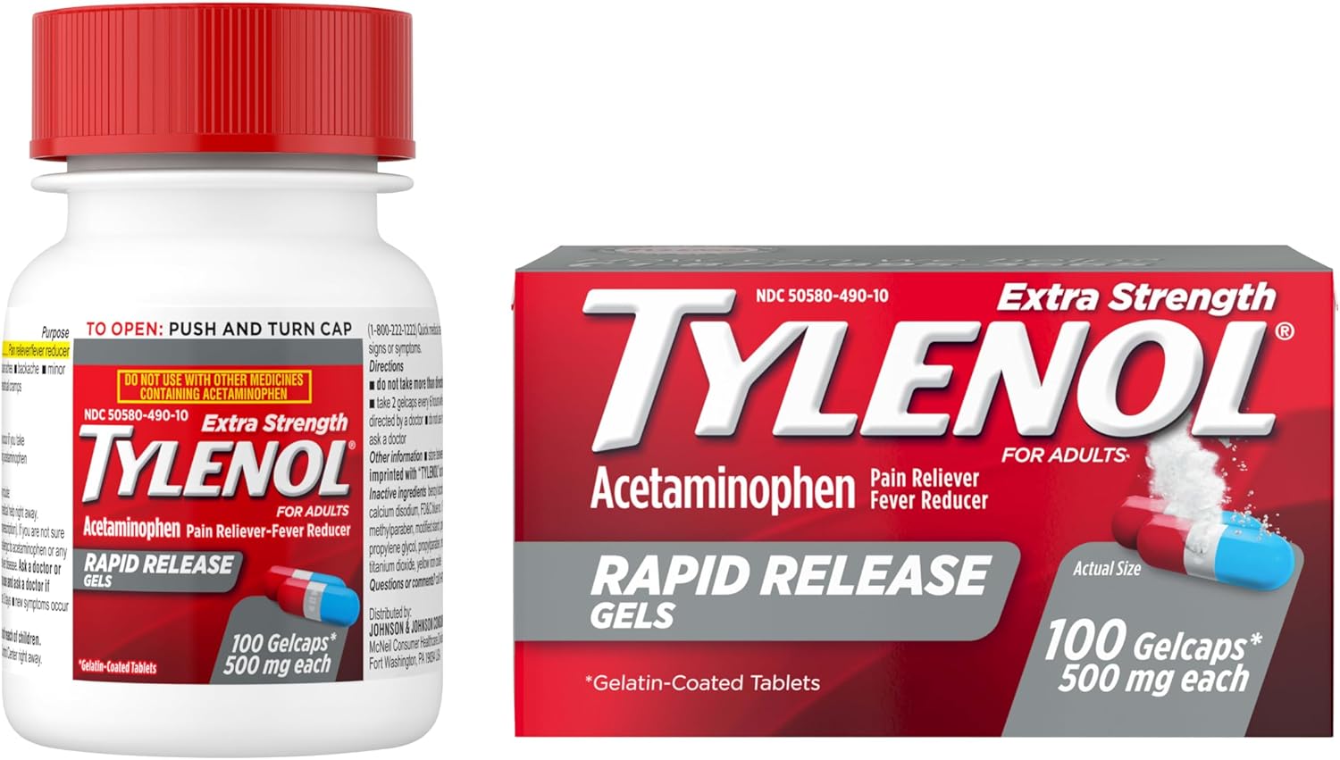 Tylenol Extra Strength Acetaminophen Rapid Release Gels, Pain Reliever & Fever Reducer, Gelcaps with Laser-Drilled Holes for Fast Release, Gentle on Stomach, 500 mg Per Gelcap, 100 Count OTC Medicine