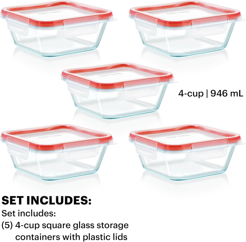Pyrex Freshlock (5-Pack, 4 Cup) Glass Food Storage Containers Set, Airtight & Leakproof Locking Lids BPA-Free, Meal Prep Containers Set, Freezer Dishwasher Microwave Safe