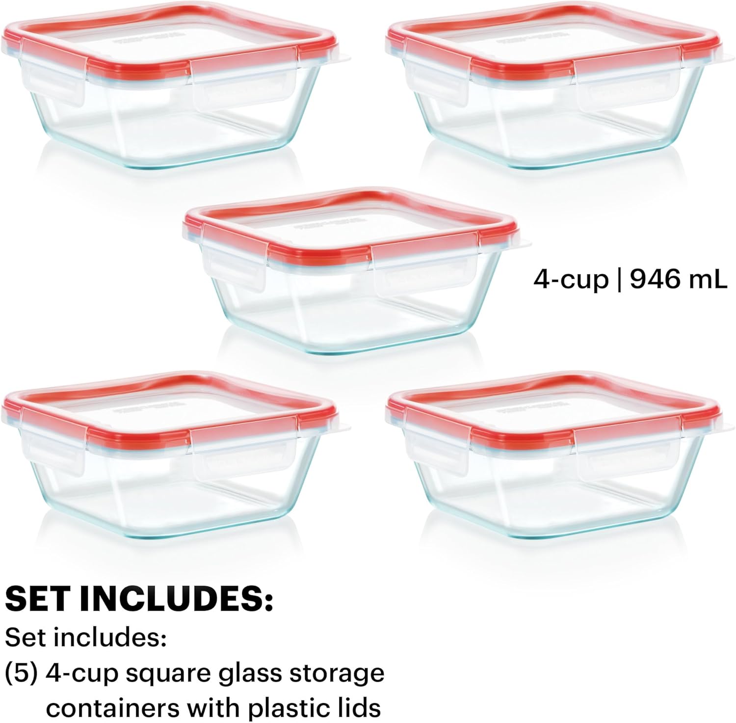 Pyrex Freshlock (5-Pack, 4 Cup) Glass Food Storage Containers Set, Airtight & Leakproof Locking Lids BPA-Free, Meal Prep Containers Set, Freezer Dishwasher Microwave Safe
