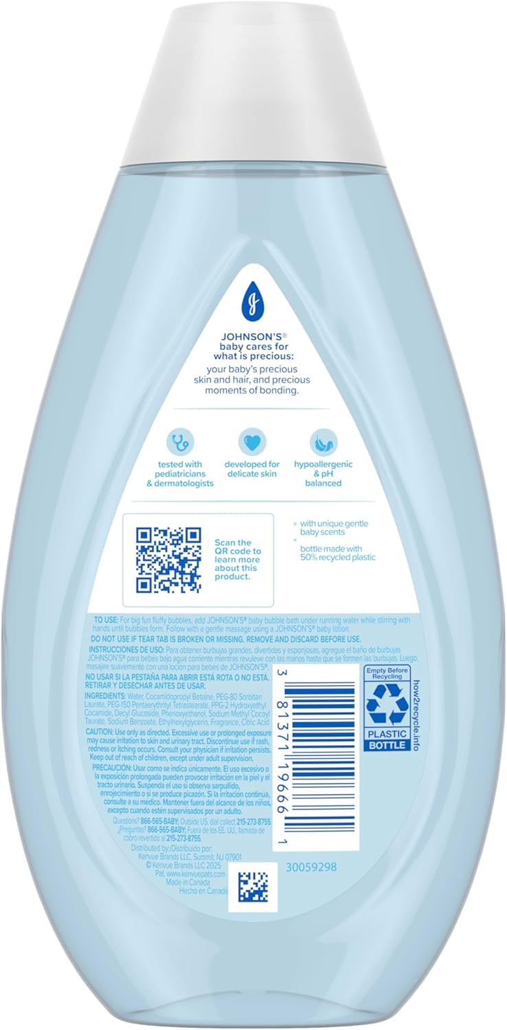 Johnson's Baby Fluffy Bubbles Bubble Bath, No More Tears, Gently Cleanses Delicate Skin Without Feeling Dry, Hypoallergenic, No Added Parabens, Sulfates & Dyes, 13.6 fl. oz