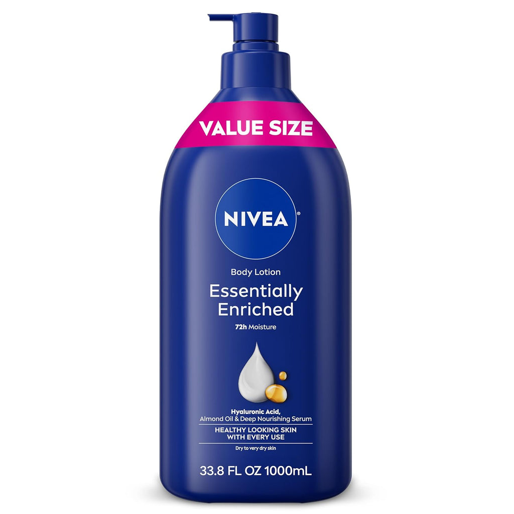NIVEA Essentially Enriched Body Lotion for Very Dry Skin with Hyaluronic Acid, Almond Oil and Deep Nourishing Serum, 72-Hour Body Moisturizer, 16.9 Fl Oz Pump Bottle, Pack of 2