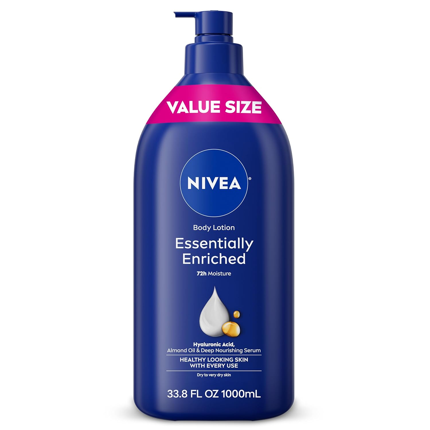 NIVEA Essentially Enriched Body Lotion for Very Dry Skin with Hyaluronic Acid, Almond Oil and Deep Nourishing Serum, 72-Hour Body Moisturizer, 16.9 Fl Oz Pump Bottle, Pack of 2