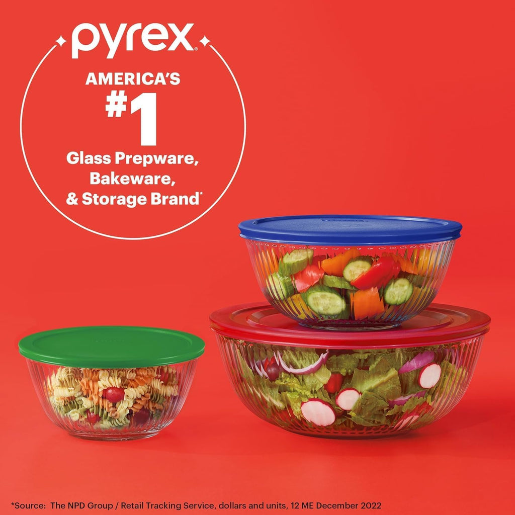 Pyrex Sculpted (3-Pack) Glass Mixing Bowls Set With Lids For Prepping, Baking and Cooking, Preheated Oven, Dishwasher, Freezer, and Microwave Safe