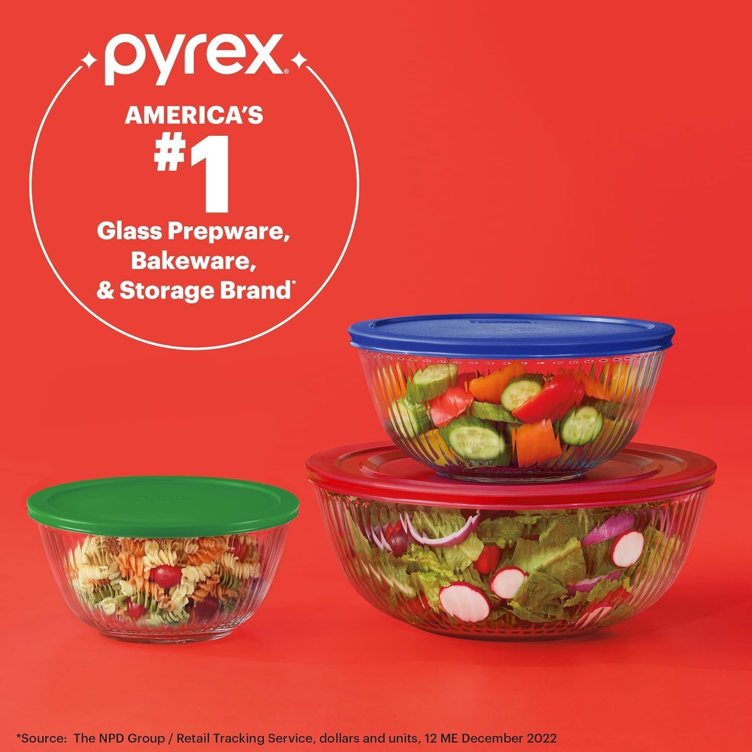 Pyrex Sculpted (3-Pack) Glass Mixing Bowls Set With Lids For Prepping, Baking and Cooking, Preheated Oven, Dishwasher, Freezer, and Microwave Safe