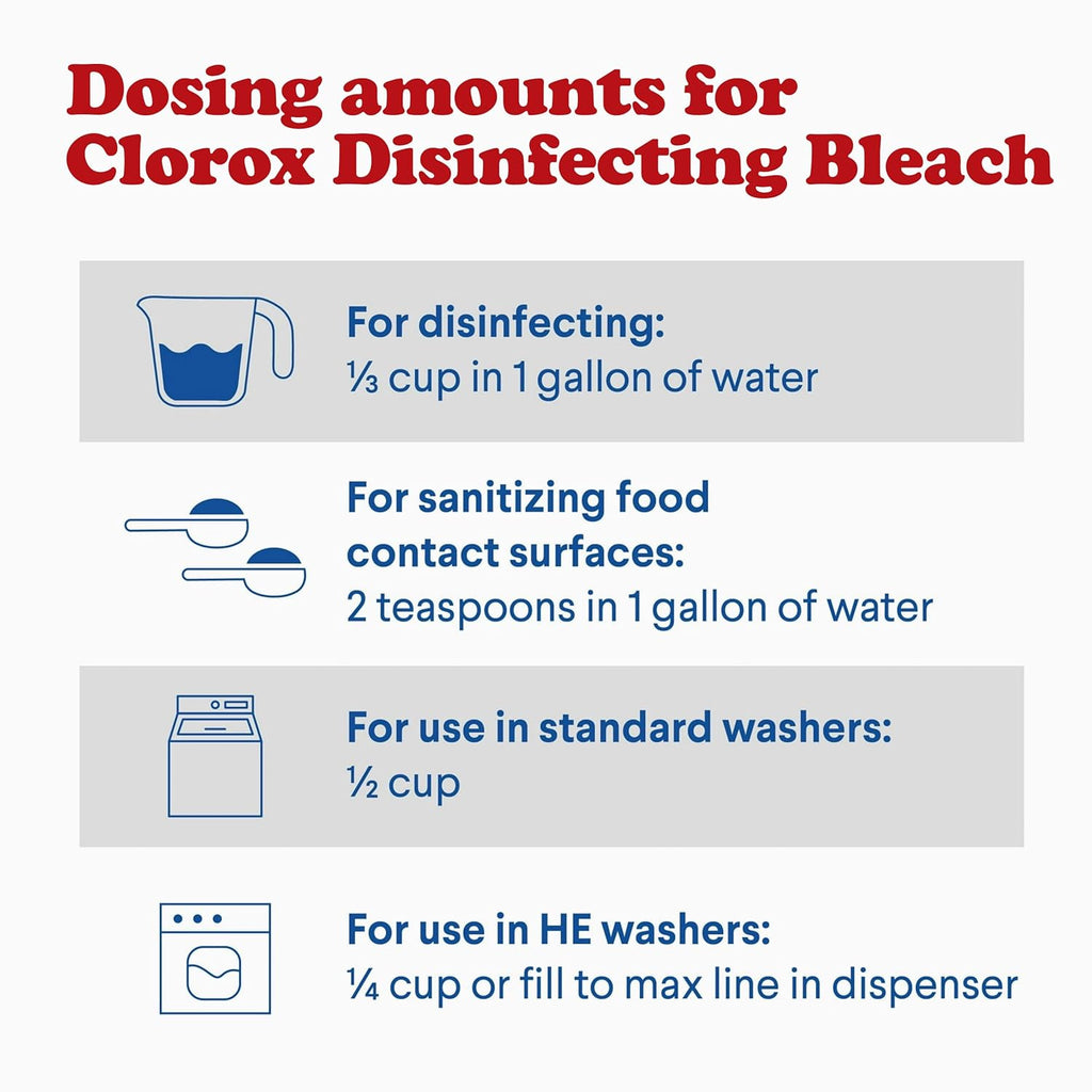 Clorox Bleach Cleaner, 2 Pack Original Concentrated Bleach, Easy Pour Bottle with Handle, Moldand Mildew Remover, Removes Stains and Whitens, 43 oz Each