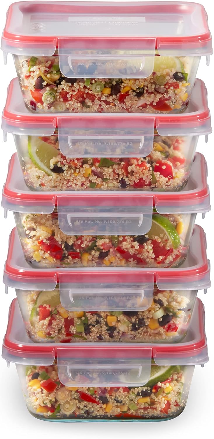 Pyrex Freshlock (5-Pack, 4 Cup) Glass Food Storage Containers Set, Airtight & Leakproof Locking Lids BPA-Free, Meal Prep Containers Set, Freezer Dishwasher Microwave Safe