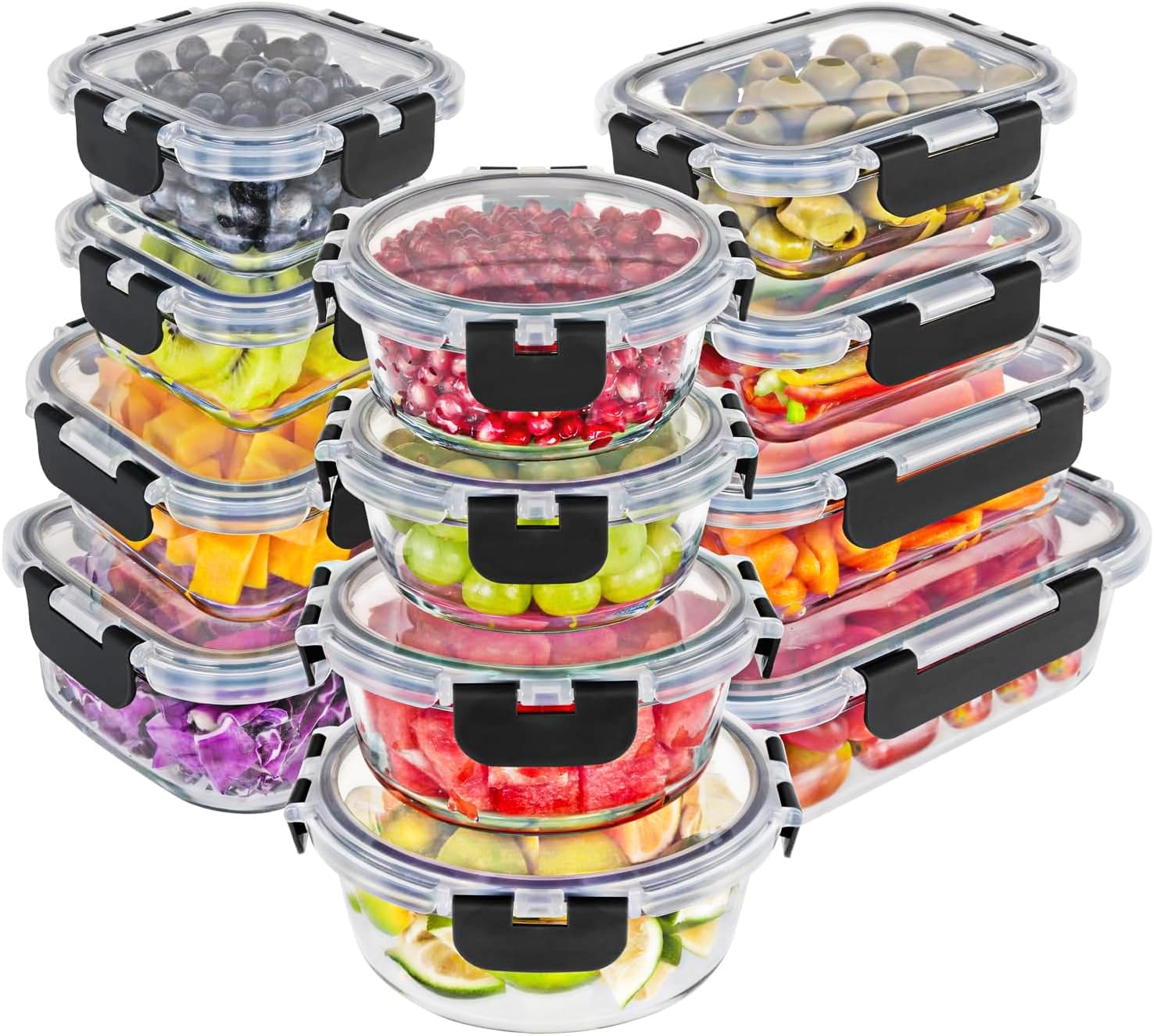 Magic Mill Premium Borosilicate Glass Food Storage Containers with lids Set | 24pc Sets with 12 Bowls & 12 Airtight Locking Lids for Lunch & Meal Prep, Safe for Oven, Freezer, Dishwasher, BPA-Free