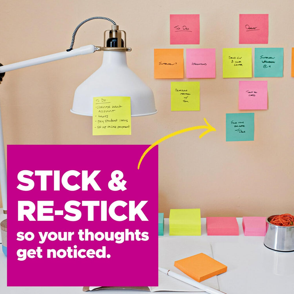 Post-it Super Sticky Notes, 3x3 in, 6 Pads, 2X The Sticking Power, Energy Boost Collection, Bright Colors (Orange, Pink, Blue, Green),Recyclable (654-6SSAU)