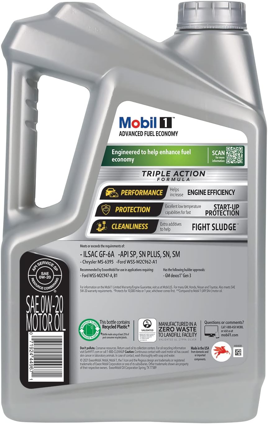 Mobil 1 Advanced Synthetic Motor Oil, 0W-20, 5 Quarts - Fuel Economy Formula