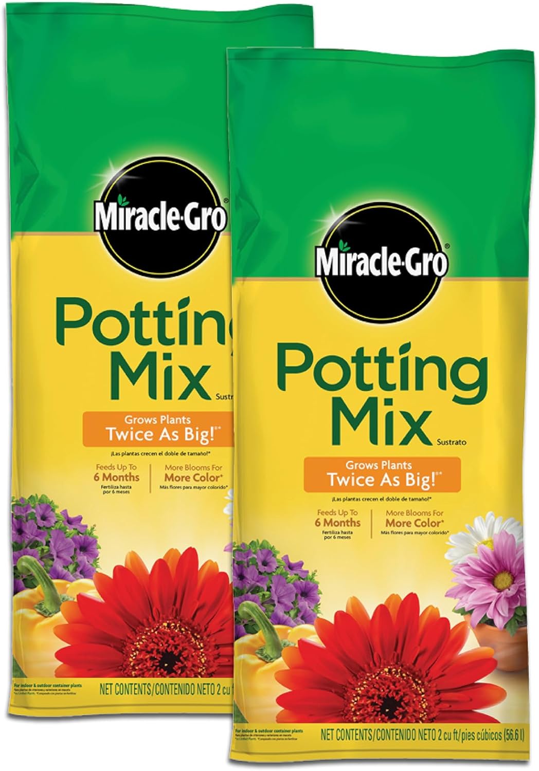Miracle-Gro Potting Mix, For Container Plants, Flowers, Vegetables, Shrubs, Annuals, Perennials, Feeds up to 6 Months, 8 qt., 2-Pack
