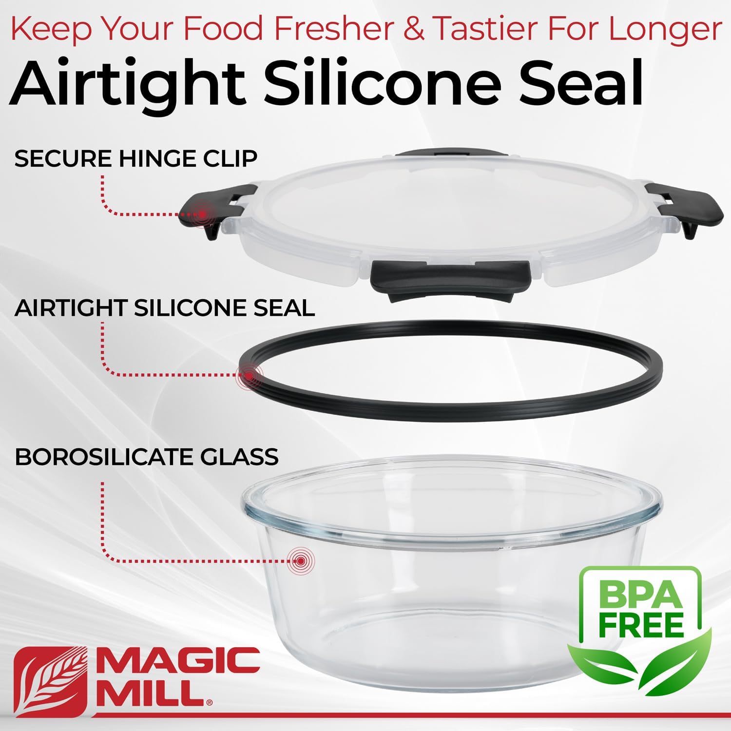 Magic Mill Premium Borosilicate Glass Food Storage Containers with lids Set | 24pc Sets with 12 Bowls & 12 Airtight Locking Lids for Lunch & Meal Prep, Safe for Oven, Freezer, Dishwasher, BPA-Free