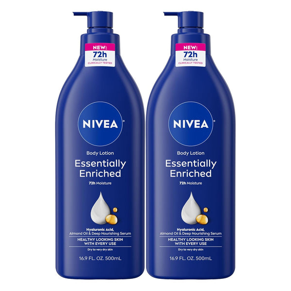 NIVEA Essentially Enriched Body Lotion for Very Dry Skin with Hyaluronic Acid, Almond Oil and Deep Nourishing Serum, 72-Hour Body Moisturizer, 16.9 Fl Oz Pump Bottle, Pack of 2