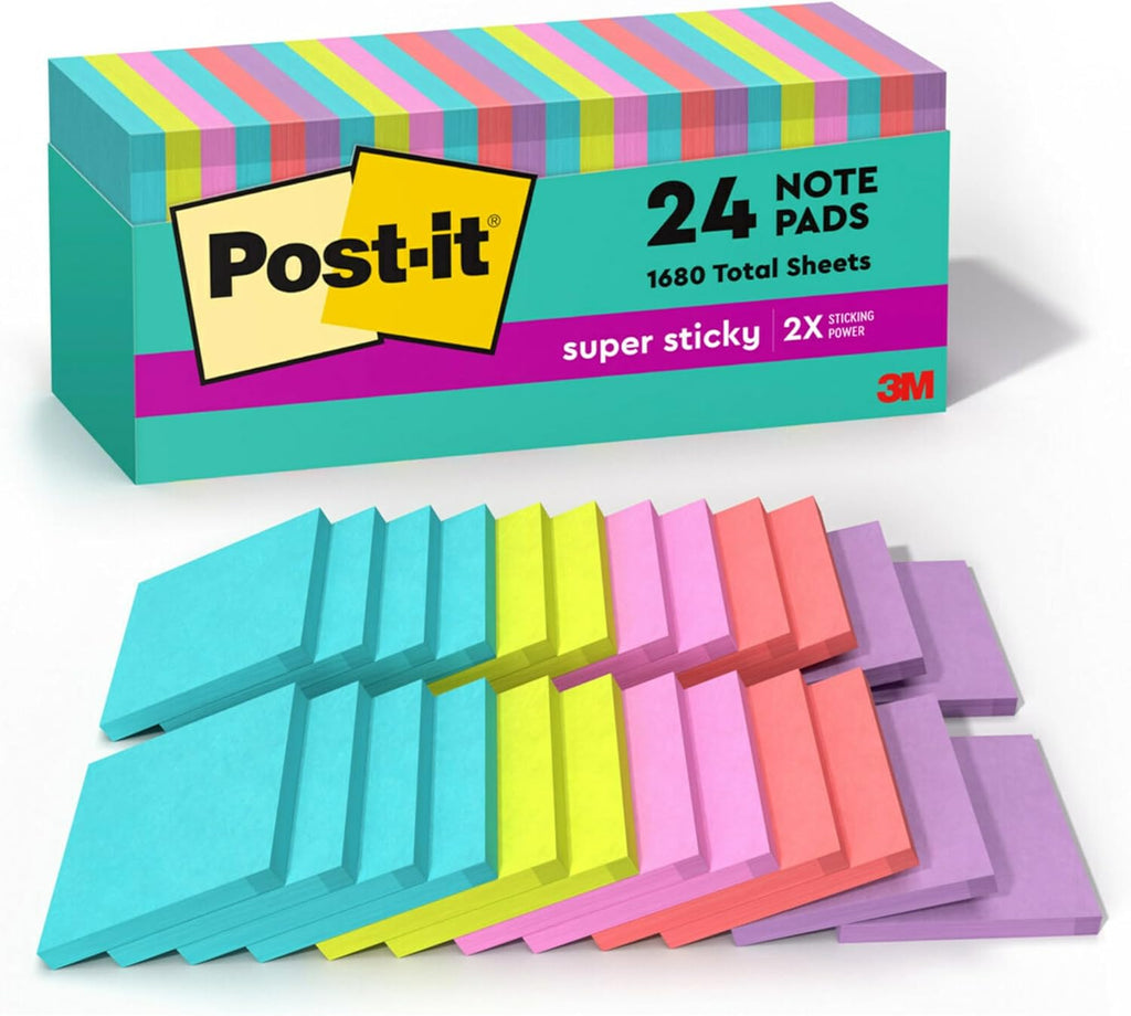 Post-it Super Sticky Notes, 24 Sticky Note Pads, 3 x 3 in., Ideal for Organization in Your Dorm, Home or Office, 2X The Sticking Power, Supernova Neons Collection