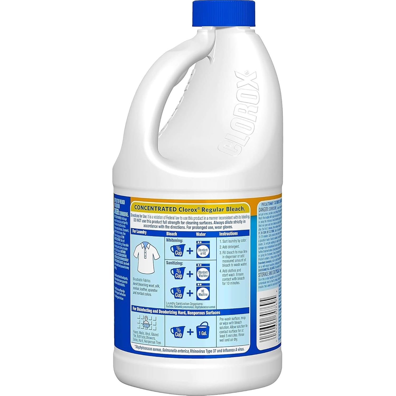 Clorox Bleach Cleaner, 2 Pack Original Concentrated Bleach, Easy Pour Bottle with Handle, Moldand Mildew Remover, Removes Stains and Whitens, 43 oz Each