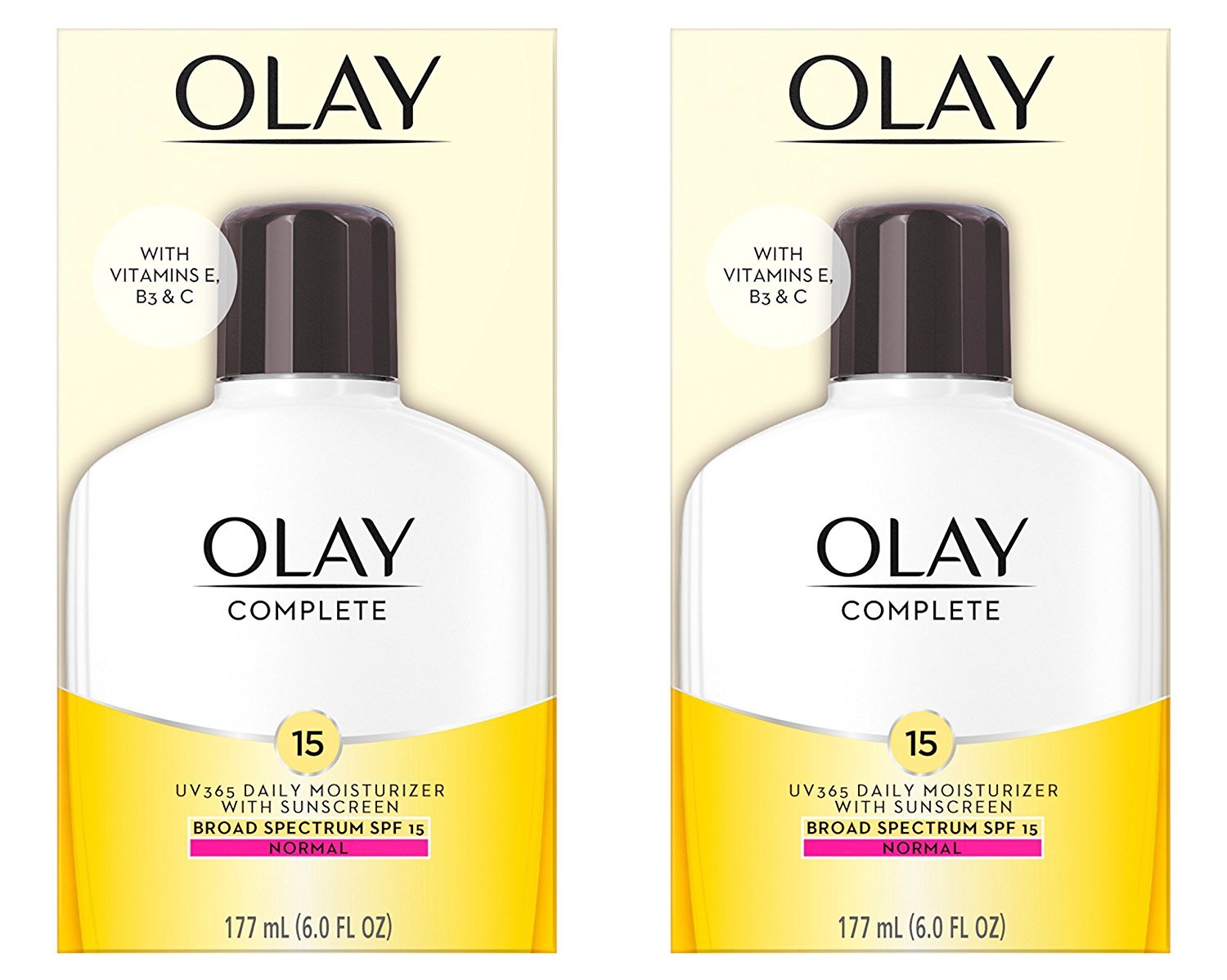 Olay Face Moisturizer, Complete with Sunscreen SPF 15, Daily Facial Lotion for Normal Skin, Lightweight Hydrating Broad Spectrum Sun Protection - Vitamin C, E, and Niacinamide - 6 Oz 2 Pack