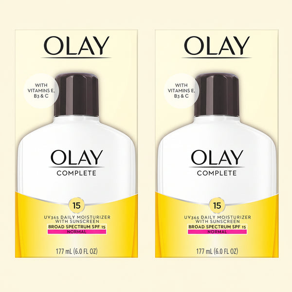 Olay Face Moisturizer, Complete with Sunscreen SPF 15, Daily Facial Lotion for Normal Skin, Lightweight Hydrating Broad Spectrum Sun Protection - Vitamin C, E, and Niacinamide - 6 Oz 2 Pack