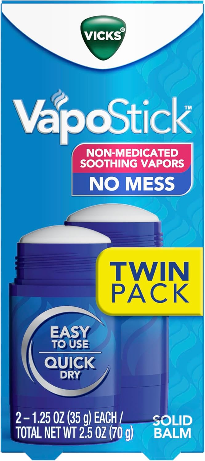 Vicks VapoStick, Solid Balm, No Mess, Soothing Non-Medicated Vicks Vapors, Easy-To-Use No-Touch Applicator, Quick Dry, Lightweight Skin Feel, 1.25oz x 2