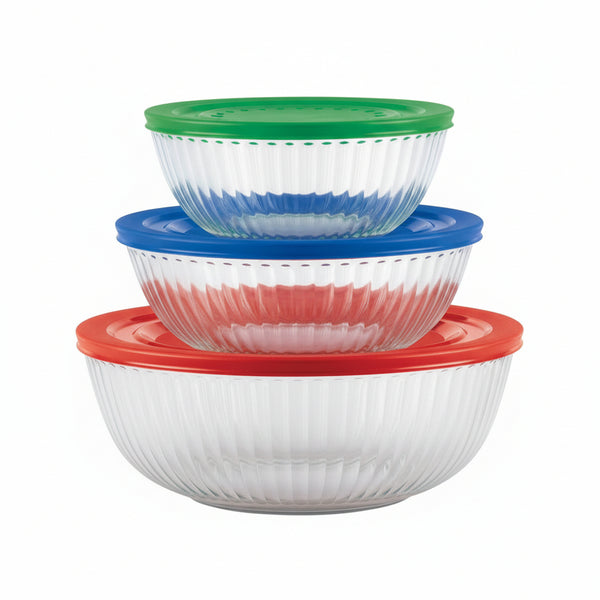 Pyrex Sculpted (3-Pack) Glass Mixing Bowls Set With Lids For Prepping, Baking and Cooking, Preheated Oven, Dishwasher, Freezer, and Microwave Safe