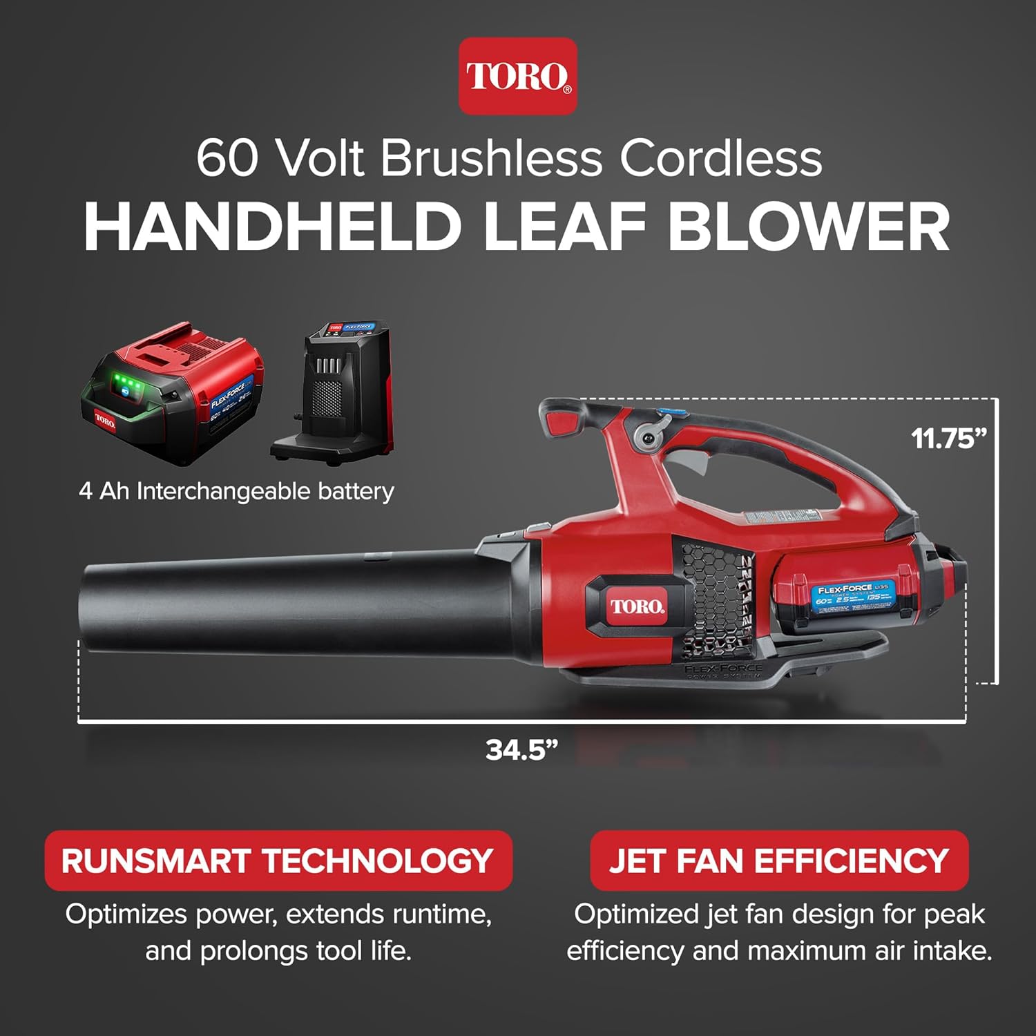 Toro 60-Volt Max Electric Brushless Cordless Leaf Blower with 120 MPH Air Speed and 605 CFM, 2.5 Ah Lithium Ion Battery & Charger Included
