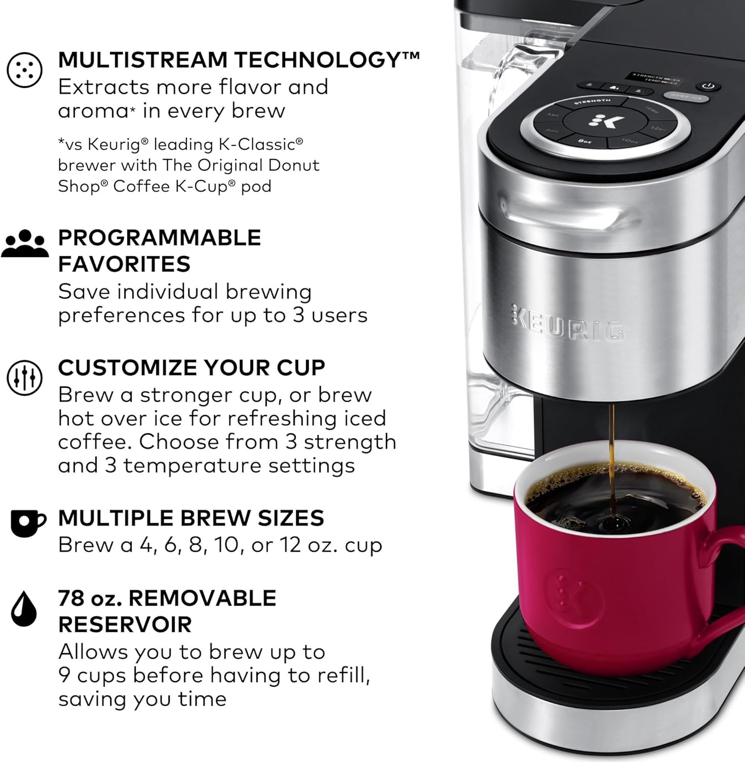 Keurig K-Supreme Plus Single Serve K-Cup Pod Coffee Maker, MultiStream Technology, Customizable Strength and Temperature Settings, Programmable, 78oz Removable Reservoir, Stainless Steel