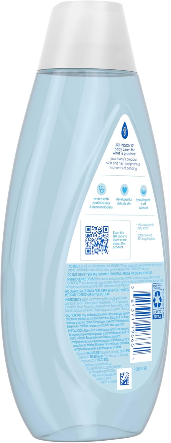 Johnson's Baby Fluffy Bubbles Bubble Bath, No More Tears, Gently Cleanses Delicate Skin Without Feeling Dry, Hypoallergenic, No Added Parabens, Sulfates & Dyes, 13.6 fl. oz