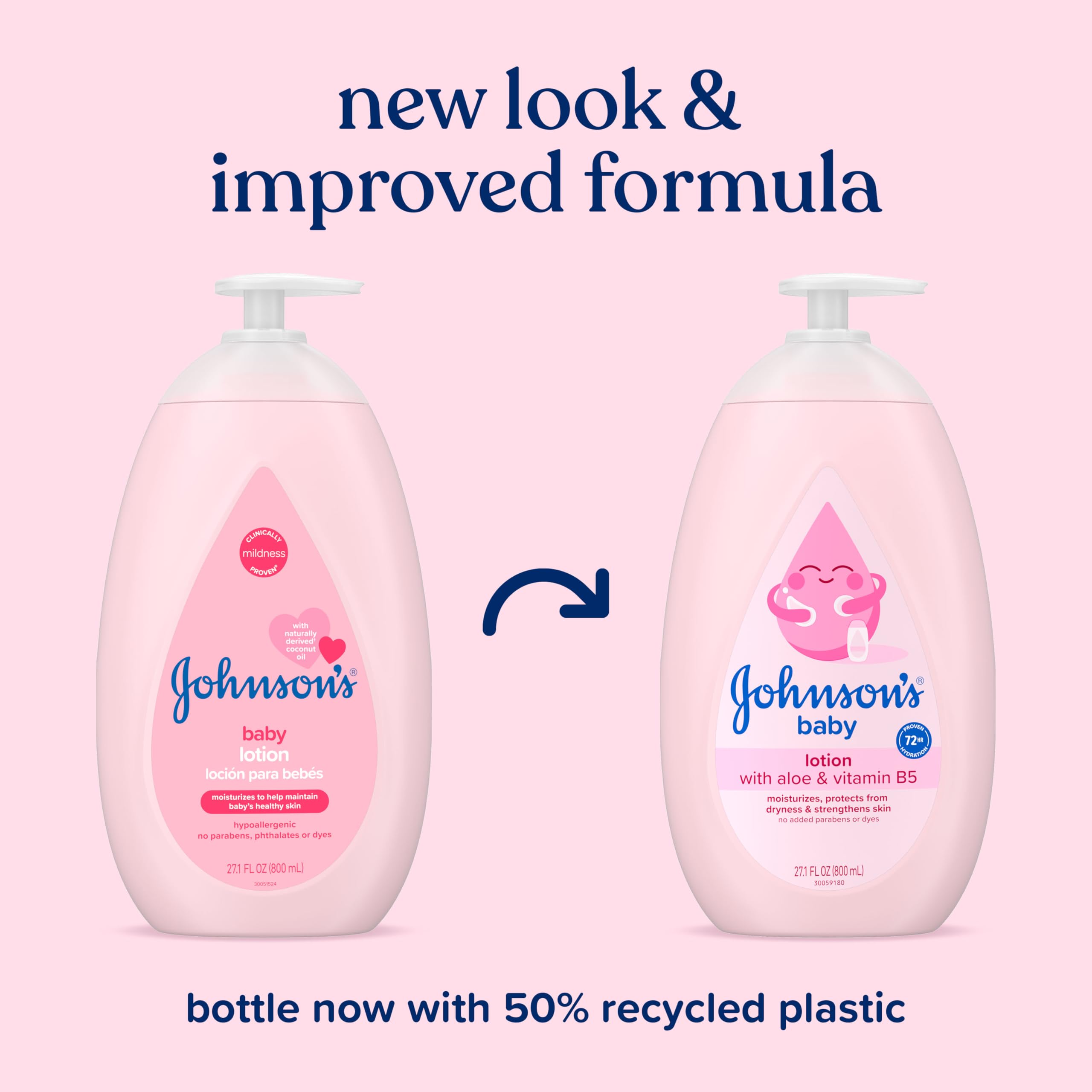 Johnson's Baby Lotion with Coconut Oil, Aloe Vera & Vitamin B5, 72 HR Hydration, Skin Moisturizer, Hypoallergenic, Safe for Newborn, Protects From Dryness &; Strengthens Skin, 27.1 fl. oz