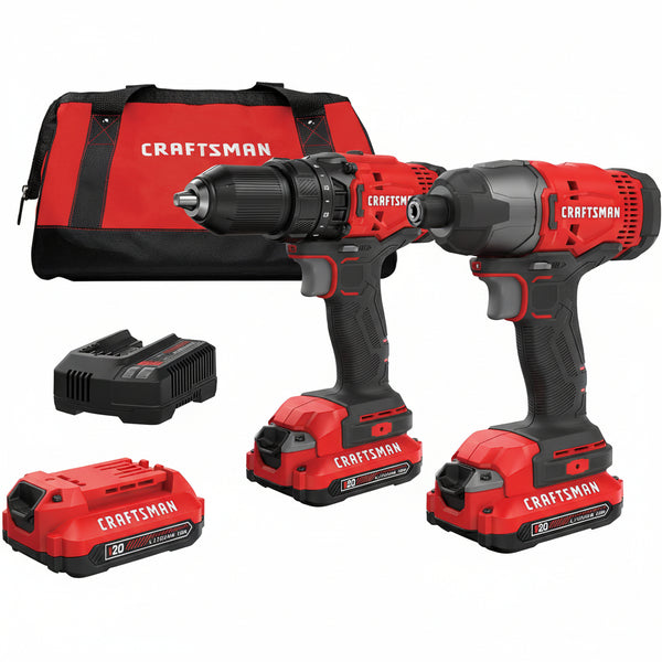 CRAFTSMAN V20 MAX Cordless Drill Driver and Impact Driver Set, Power Tool Set with 2 Batteries and Charger, LED Work Light, 2 Bits, Bag (CMCK200C2)