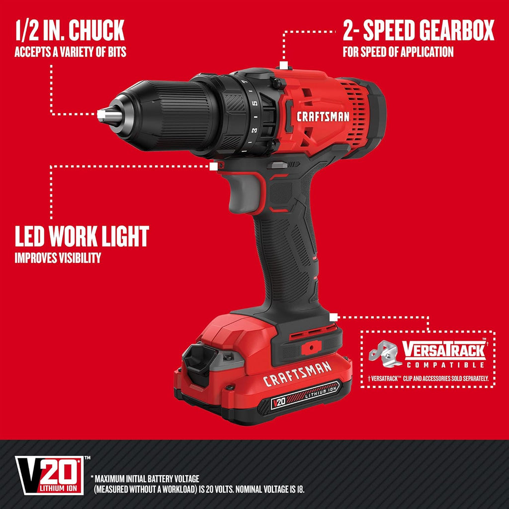 CRAFTSMAN V20 MAX Cordless Drill Driver and Impact Driver Set, Power Tool Set with 2 Batteries and Charger, LED Work Light, 2 Bits, Bag (CMCK200C2)