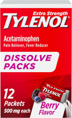 Tylenol Extra Strength Dissolve Powder Packs, 500 mg Acetaminophen Pain Reliever & Fever Reducer Medicine, Fast Relief for Minor Aches & Pains, Ibuprofen- & Aspirin-Free, On-the-Go Berry Flavor, 32 Ct