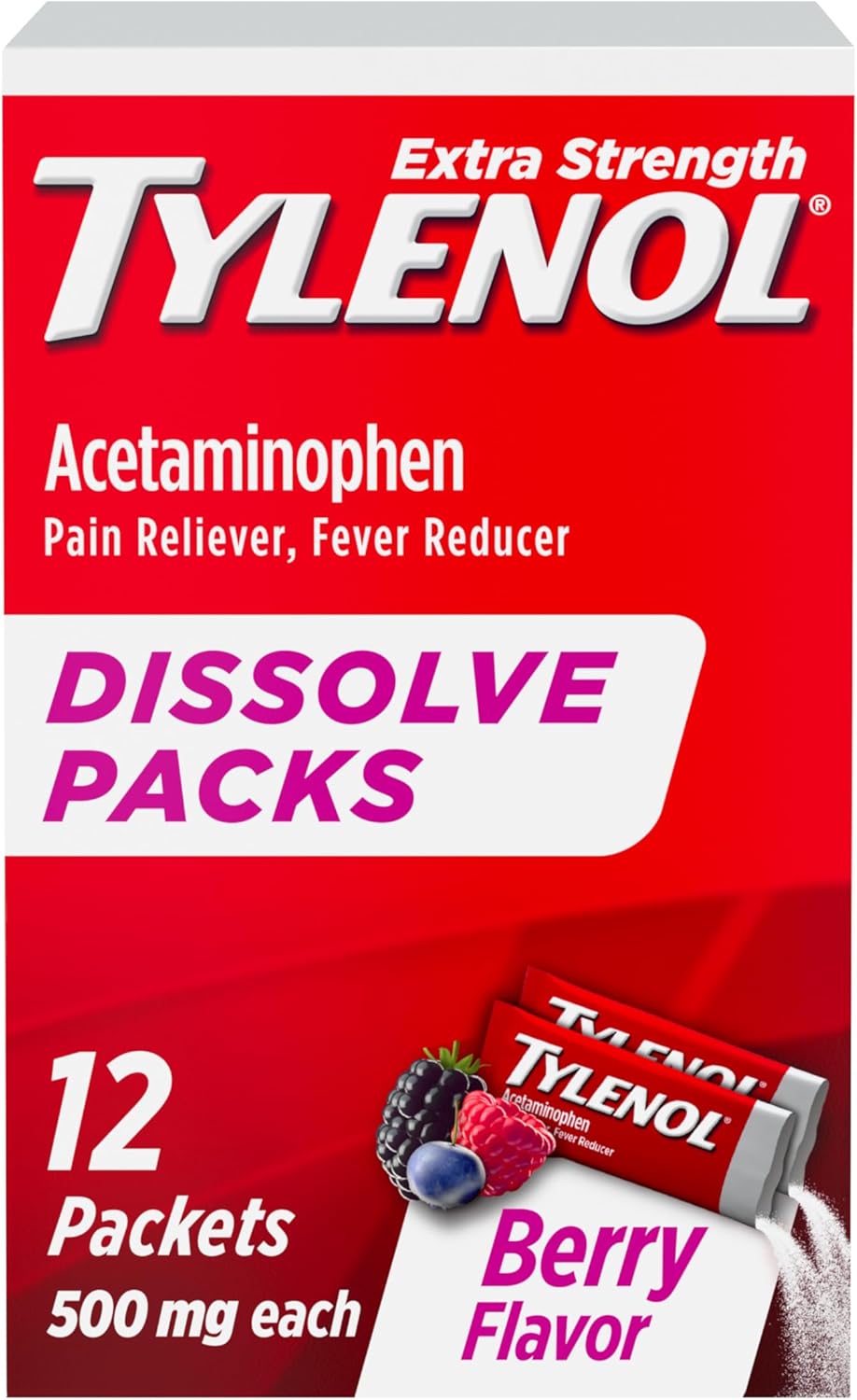 Tylenol Extra Strength Dissolve Powder Packs, 500 mg Acetaminophen Pain Reliever & Fever Reducer Medicine, Fast Relief for Minor Aches & Pains, Ibuprofen- & Aspirin-Free, On-the-Go Berry Flavor, 32 Ct