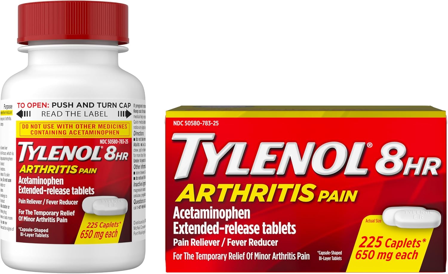 Tylenol Acetaminophen 650mg Extended Release Caplets, 8 Hour Arthritis Pain Relief, Joint Pain Reliever, Fever Reducer, Fast & Long-Lasting Relief, Oral Medicine for Minor Aches, 225 Count