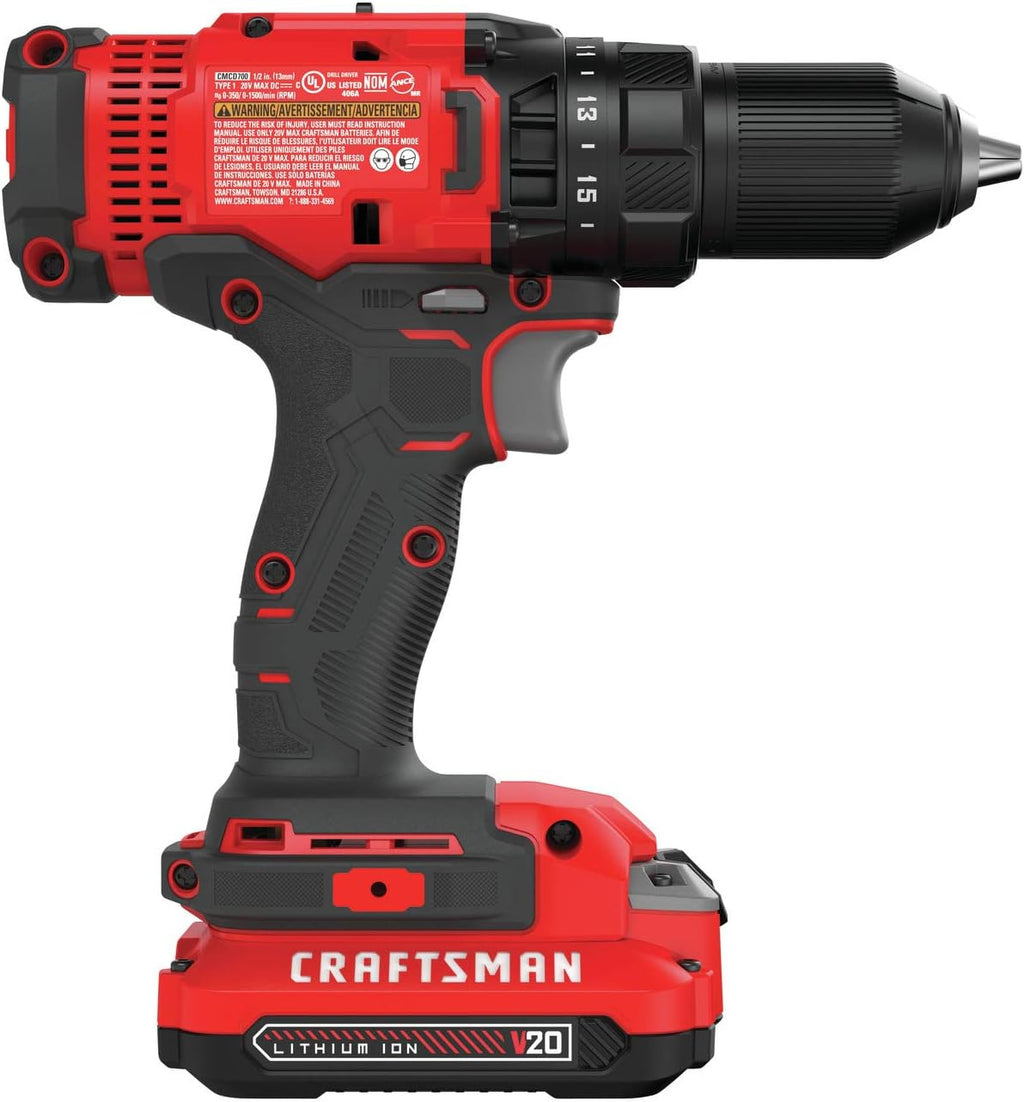 CRAFTSMAN V20 Cordless Drill/Driver Kit, 1/2 inch, Battery and Charger Included (CMCD700C1)