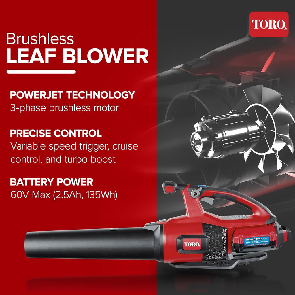 Toro 60-Volt Max Electric Brushless Cordless Leaf Blower with 120 MPH Air Speed and 605 CFM, 2.5 Ah Lithium Ion Battery & Charger Included