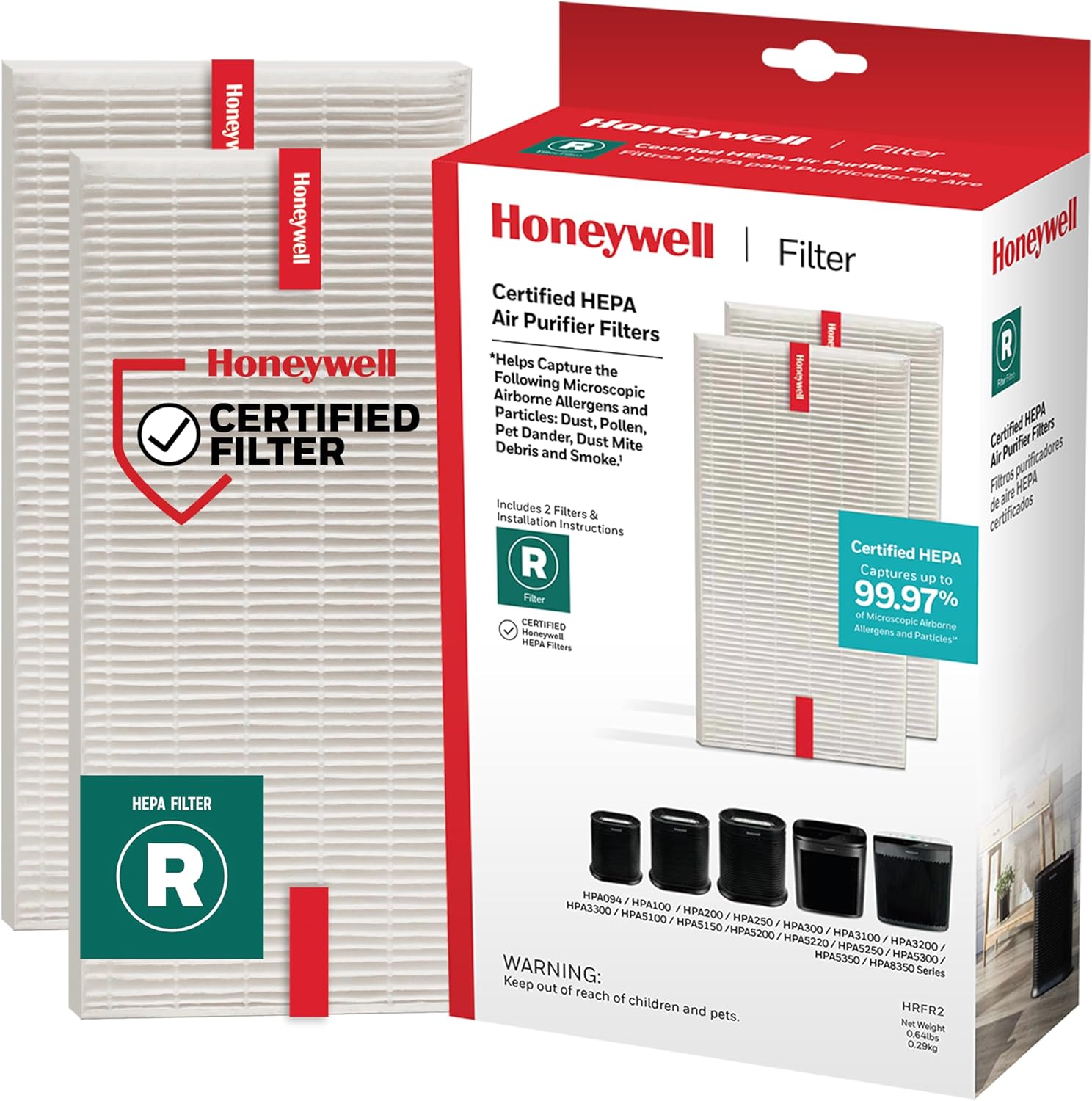 Honeywell HEPA Air Purifier Filter R, 3-Pack for HPA 100/200/300, 3000 and 5000 Series - Airborne Allergen Air Filter Replacement Targets Wildfire/Smoke, Pollen, Pet Dander, and Dust
