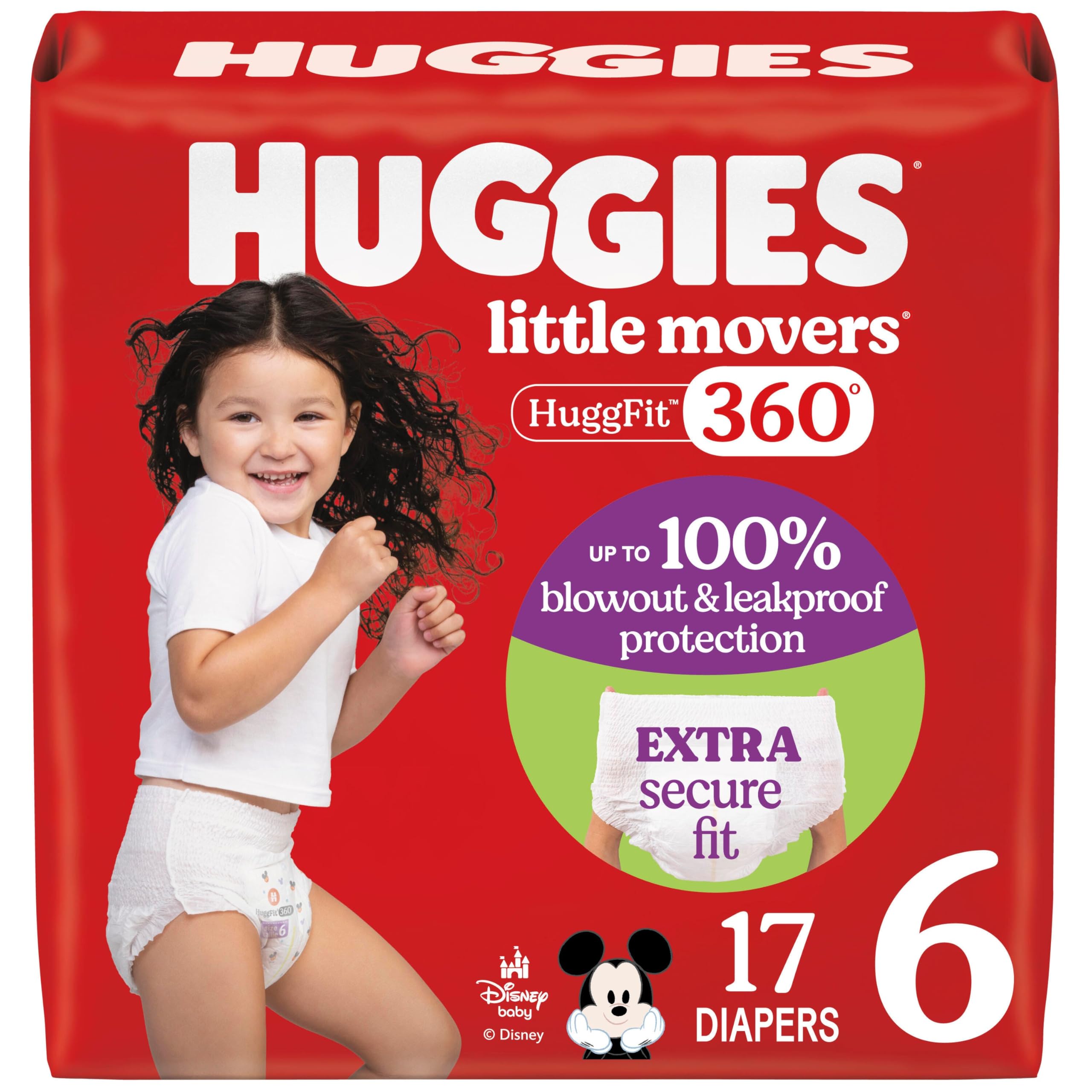 Huggies Size 6 Baby Diapers, Little Movers HuggFit 360° Baby Diapers with 360° Waistband, Size 6 (35+ lbs), 104 Count (2 Packs of 52), Packaging May Vary