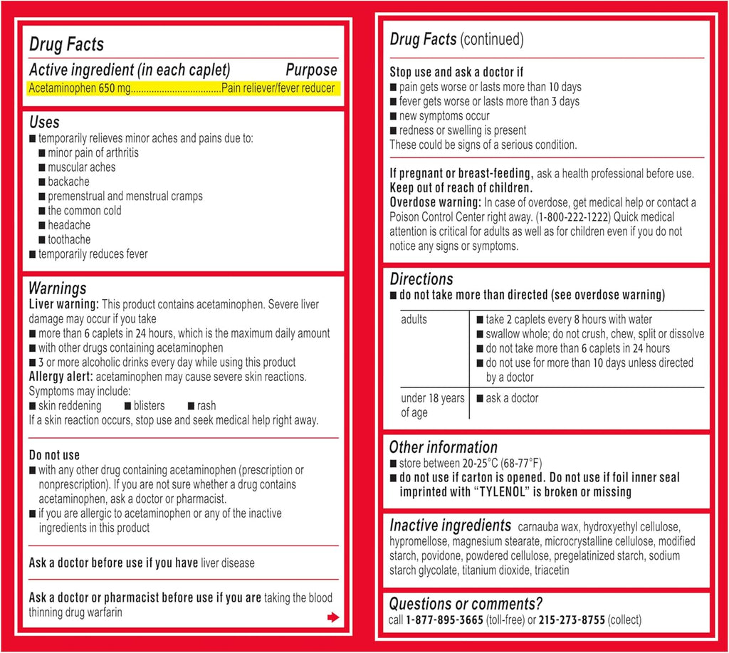 Tylenol Acetaminophen 650mg Extended Release Caplets, 8 Hour Arthritis Pain Relief, Joint Pain Reliever, Fever Reducer, Fast & Long-Lasting Relief, Oral Medicine for Minor Aches, 225 Count