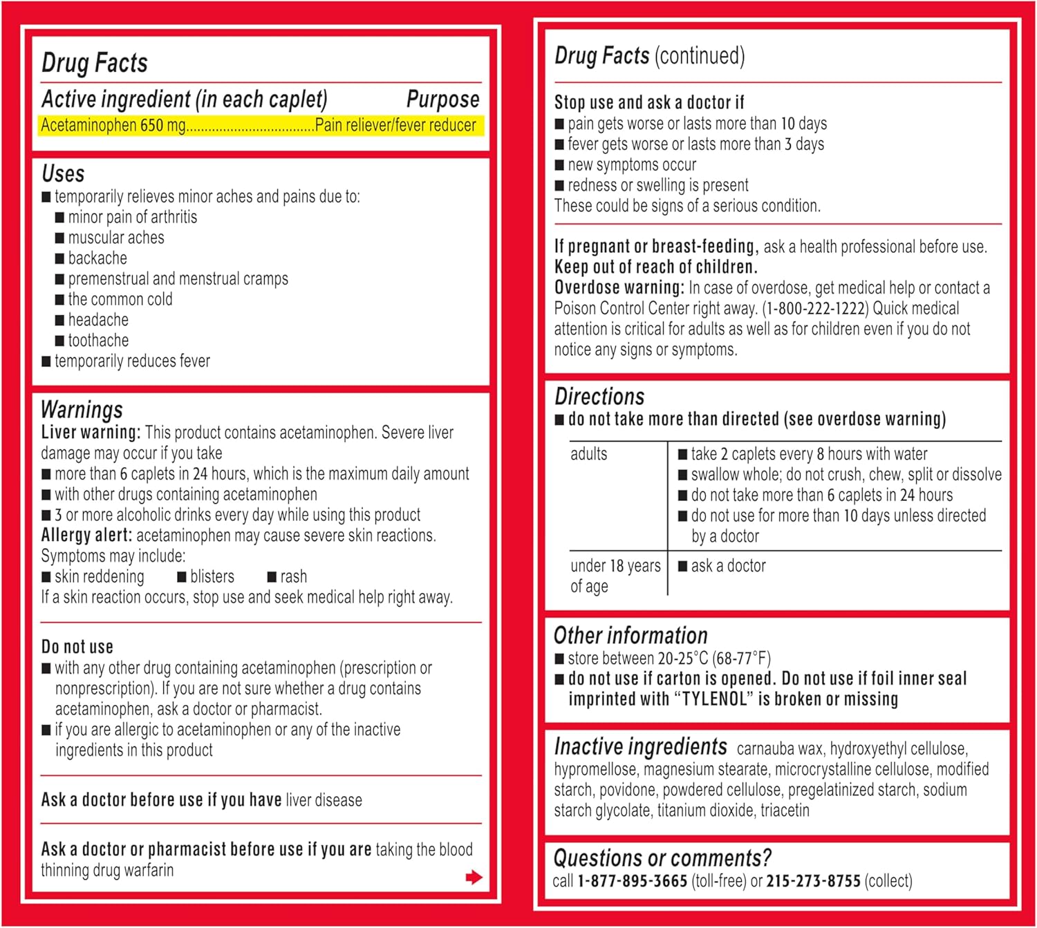 Tylenol Acetaminophen 650mg Extended Release Caplets, 8 Hour Arthritis Pain Relief, Joint Pain Reliever, Fever Reducer, Fast & Long-Lasting Relief, Oral Medicine for Minor Aches, 225 Count