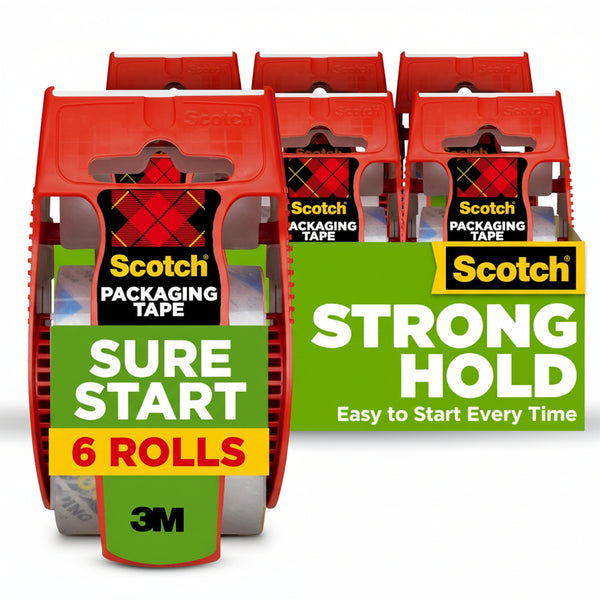 Scotch Sure Start Packing Tape, Clear, Holiday Wrapping Tape with Quiet Unwind and Easy Start, 1.88 in. x 22.2 yd., 6 Tape Rolls with Dispensers