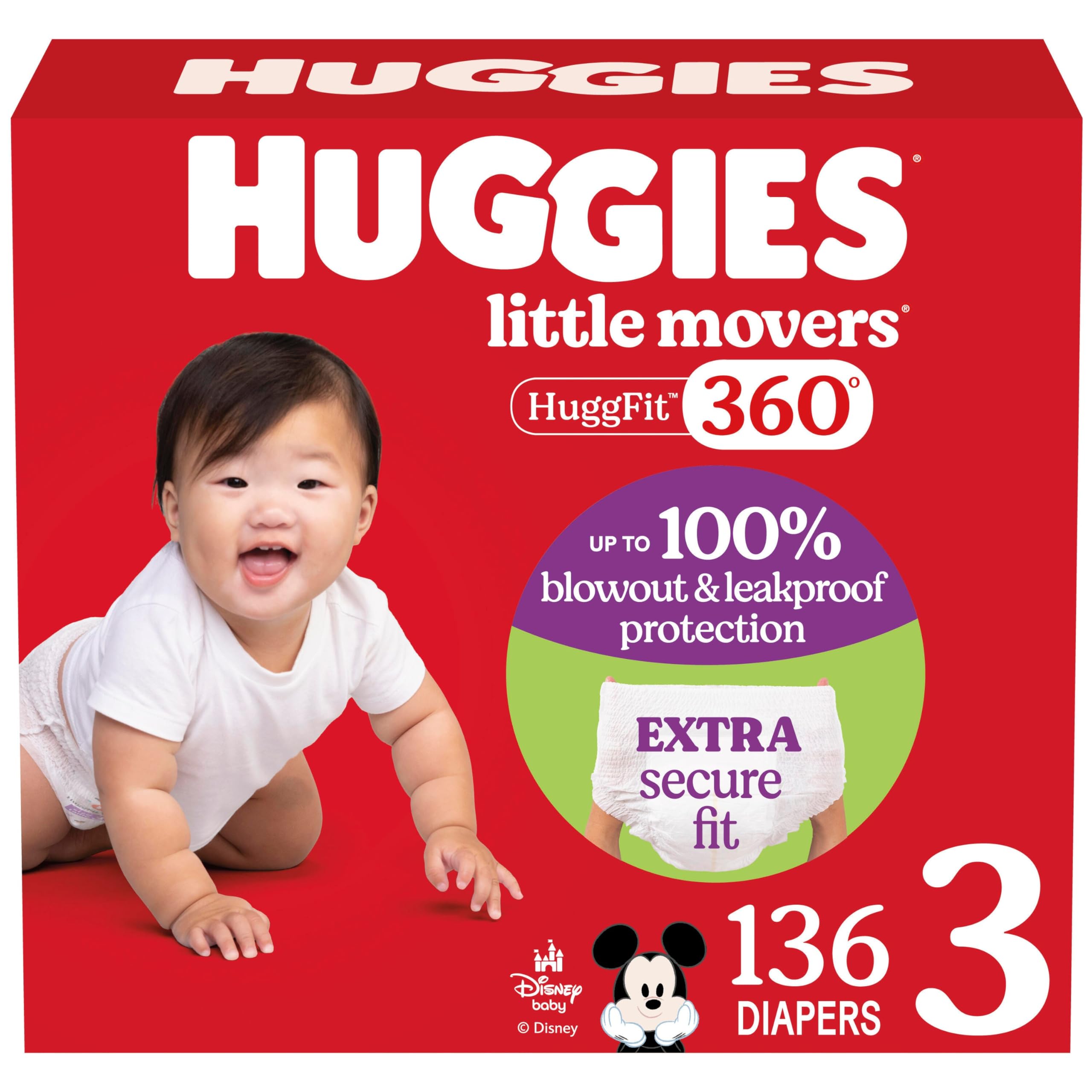 Huggies Size 6 Baby Diapers, Little Movers HuggFit 360° Baby Diapers with 360° Waistband, Size 6 (35+ lbs), 104 Count (2 Packs of 52), Packaging May Vary