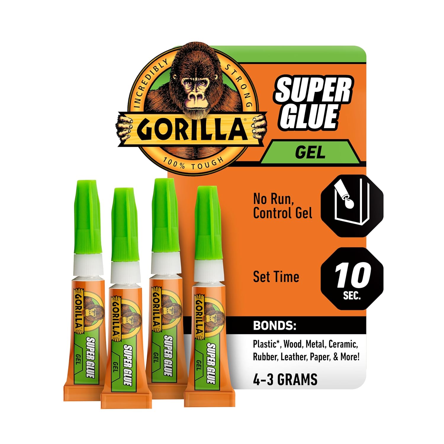Gorilla Super Glue, Clear Glue, Four 3 Gram Tubes (Pack of 1) - All Purpose and Fast Setting for Projects and Repairs