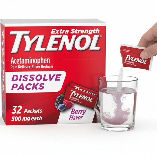 Tylenol Extra Strength Dissolve Powder Packs, 500 mg Acetaminophen Pain Reliever & Fever Reducer Medicine, Fast Relief for Minor Aches & Pains, Ibuprofen- & Aspirin-Free, On-the-Go Berry Flavor, 32 Ct