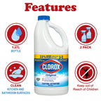Clorox Bleach Cleaner, 2 Pack Original Concentrated Bleach, Easy Pour Bottle with Handle, Moldand Mildew Remover, Removes Stains and Whitens, 43 oz Each